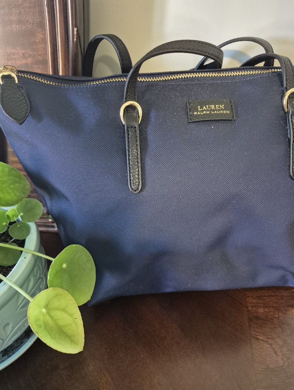 LAUREN Ralph Lauren Navy  Nylon Tote with Gold Hardware. Black Leather Handle - Picture 3 of 5